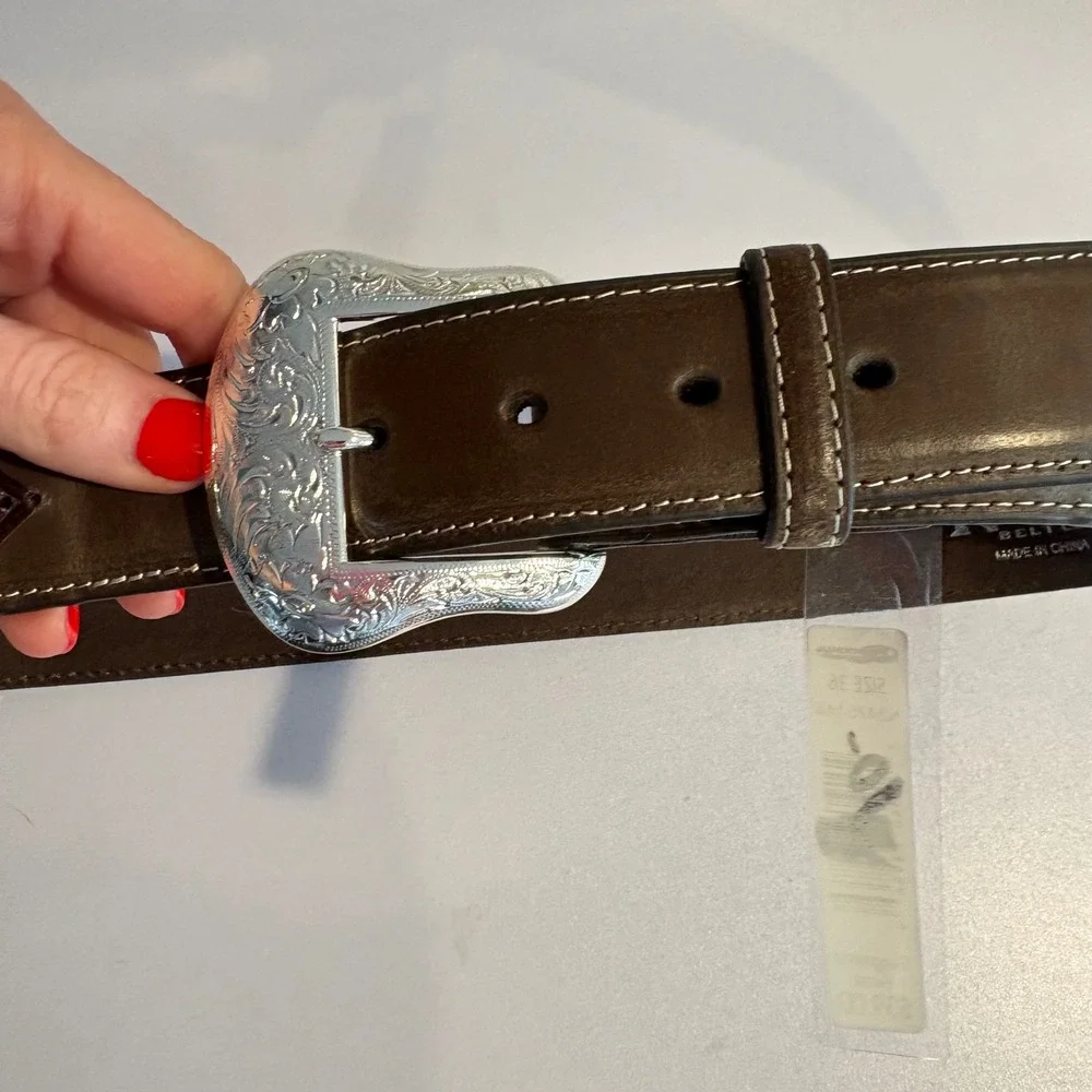 Vintage Style Nocona Brown Leather Western Cowboy Belt Silver Buckle 36